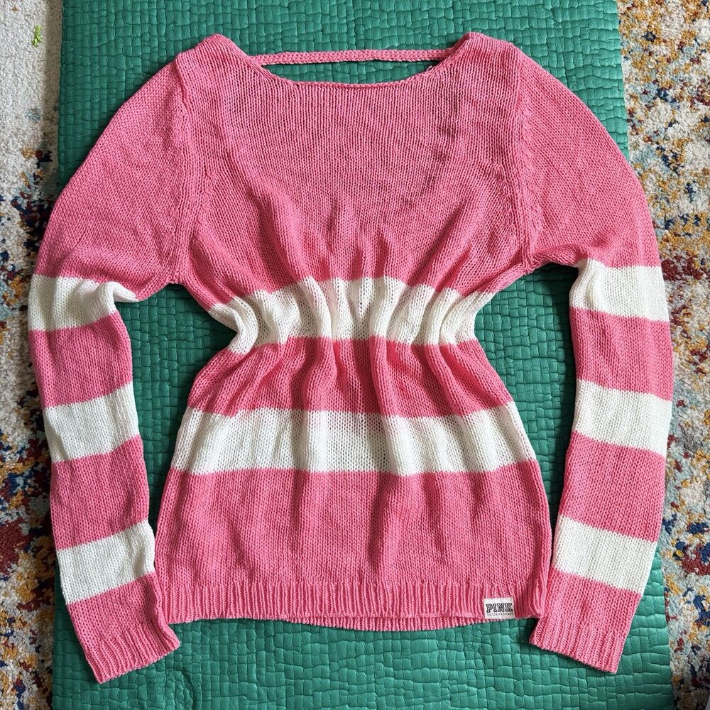 NEW VINTAGE VICTORIA’S SECRET PINK Sweater L Crochet White Pink Striped Knit NWT